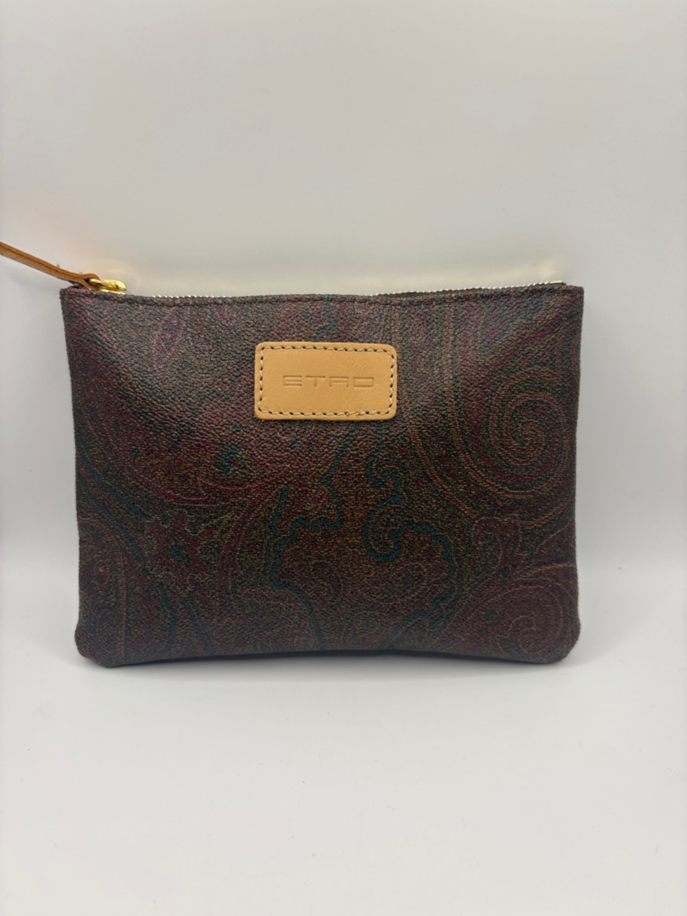 Etro Dark Brown Paisley Leather Zip Cosmetic Pouch with Tan Patch 6 34/“ X 5”